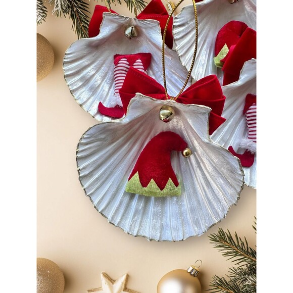 Seashell Christmas Ornaments, Set of 4, Coastal Elf Shell Decorations Scallop - Picture 4 of 4